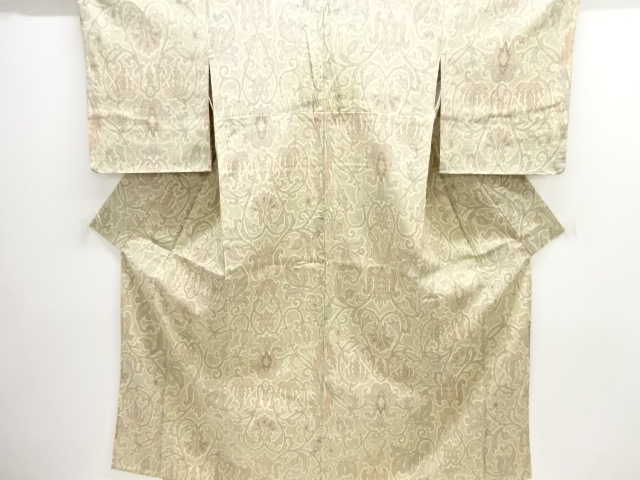 アンティーク　花唐草模様織出し本塩沢単衣着物